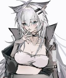 Rule 34 | 1girl, :p, animal ears, arknights, arm across waist, black coat, breasts, cleavage, coat, collarbone, green eyes, grey hair, hair between eyes, hair ornament, hairclip, hand up, highres, lappland (arknights), large breasts, licking, licking finger, long hair, looking at viewer, open clothes, open coat, scar, scar across eye, scar on face, solo, strapless, tongue, tongue out, tube top, upper body, very long hair, wolf ears