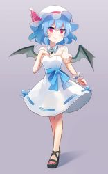 Rule 34 | &gt;:), 1girl, 60mai, alternate costume, bat wings, black footwear, blue hair, blue sash, blush, brooch, commentary, cross-laced footwear, dress, fang, fang out, full body, grey background, hair between eyes, hand on own chest, hat, hat ribbon, highres, jewelry, looking at viewer, mob cap, nail polish, pink ribbon, red eyes, red nails, remilia scarlet, ribbon, ribbon-trimmed dress, sash, see-through, see-through sleeves, shadow, shoes, short dress, short hair, sidelocks, simple background, solo, standing, toenail polish, toenails, touhou, v-shaped eyebrows, white dress, white hat, wings, wrist cuffs