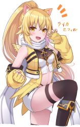 Rule 34 | 1girl, :d, animal ears, black thighhighs, blonde hair, breasts, clenched hand, copyright request, fang, fingerless gloves, gloves, highres, long hair, looking at viewer, medium breasts, navel, open mouth, ponytail, shuuichi (gothics), simple background, skin fang, smile, solo, standing, standing on one leg, thighhighs, thighs, virtual youtuber, white background, yellow gloves