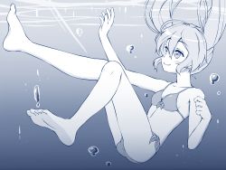 Rule 34 | 1girl, barefoot, bikini, blue theme, blush, breasts, bubble, cleavage, closed mouth, commentary request, full body, greyscale, hair between eyes, hatsune miku, highres, kitsunerider, long hair, looking afar, monochrome, small breasts, smile, soles, solo, swimsuit, twintails, underwater, vocaloid, water