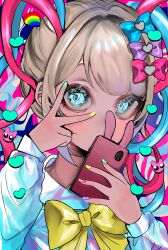 Rule 34 | 1girl, absurdres, blonde hair, blue bow, blue eyes, blue hair, blue shirt, blush, bow, cellphone, chouzetsusaikawa tenshi-chan, colorful, green nails, hair bow, hair ornament, hands up, heart, heart hair ornament, highres, holding, holding phone, holographic clothing, long sleeves, looking at viewer, momae makku, multicolored hair, multicolored nails, nail polish, needy girl overdose, phone, pien cat (needy girl overdose), pink bow, pink hair, pink nails, purple bow, purple nails, quad tails, rainbow, shirt, smartphone, solo, twintails, upper body, v over eye, yellow bow, yellow nails
