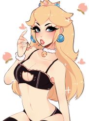 Rule 34 | 1girl, blonde hair, blue eyes, breasts, candy, cat cutout, choker, cleavage, clothing cutout, crown, earrings, eyelashes, food, hand up, heart, highres, holding, jewelry, lips, lipstick, lollipop, long hair, looking at viewer, makeup, mario (series), medium breasts, neck bell, nintendo, open mouth, princess peach, rasbii (rasberruu), simple background, sitting, solo, sparkle, tagme, teeth, thighhighs, upper body, upper teeth only, wristband
