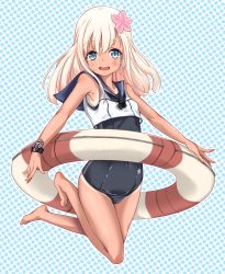 Rule 34 | 10s, 1girl, artistic error, bare arms, barefoot, blonde hair, blue eyes, blush, flower, flower ornament, hair flower, hair ornament, highres, innertube, kantai collection, long hair, looking at viewer, nikke (cherish), open mouth, polka dot, polka dot background, ro-500 (kancolle), school uniform, serafuku, swim ring, swimsuit, swimsuit under clothes, thighs, wrong foot