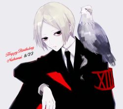 Rule 34 | 1boy, animal, animal on shoulder, armband, awara kayu, bird, bird on shoulder, black armband, blonde hair, commentary request, dated, formal, grey background, happy birthday, knee up, long sleeves, male focus, nakarai keijin, necktie, pale skin, pants, red armband, red background, roman numeral, shirt, short hair, simple background, solo, tokyo ghoul, tokyo ghoul:re, upper body