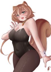 Rule 34 | 1girl, acorn, animal ear fluff, animal ears, ayunda risu, black leotard, black pantyhose, blush, breasts, cleavage, covered navel, green eyes, head tilt, highres, hololive, hololive indonesia, icedsolero (pixiv44011048), large breasts, leotard, long hair, looking at viewer, low twintails, nontraditional playboy bunny, open hand, open mouth, pantyhose, playboy bunny, simple background, solo, squirrel ears, squirrel girl, squirrel tail, tail, thighs, twintails, virtual youtuber, white background, wrist cuffs