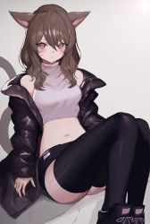 Rule 34 | 1girl, absurdres, animal ears, ass, warrior of light (ff14), bare shoulders, black footwear, black jacket, black shorts, black thighhighs, breasts, brown hair, cat ears, cat girl, cat tail, closed mouth, commission, crop top, cyobiro, expressionless, facial mark, final fantasy, final fantasy xiv, grey background, high collar, highres, jacket, knees up, long hair, long sleeves, looking at viewer, medium breasts, micro shorts, midriff, miqo&#039;te, navel, off shoulder, open clothes, open jacket, red eyes, shirt, shoes, short shorts, shorts, simple background, sitting, skeb commission, sleeveless, sleeveless shirt, solo, stomach, tail, thighhighs, thighs, wavy hair, white shirt
