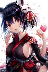 Rule 34 | 1girl, :o, animal ear fluff, animal ears, azur lane, black hair, black kimono, blush, breasts, cat mask, fang, hair ribbon, highres, japanese clothes, kimono, large breasts, looking at viewer, mask, mask on head, narae, open mouth, petals, red eyes, red ribbon, ribbon, short hair, sideboob, simple background, solo, white background, wide sleeves, yamashiro (azur lane)