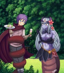 Rule 34 | 1boy, 1girl, alipheese fateburn xvi, artist name, black gloves, blue eyes, blue skin, blush, breast tattoo, breasts, cape, coiled, colored skin, couple, elbow gloves, flower, food, forest, gloves, grass, hair between eyes, hair flower, hair ornament, highres, holding, horns, ice cream, jewelry, lamia, large breasts, long hair, looking at another, luka (mon-musu quest!), midriff, mon-musu quest!, monster girl, nature, navel, plate, purple hair, restrained, saova, short hair, slit pupils, smile, snake tail, tail, tattoo, white hair, yellow eyes