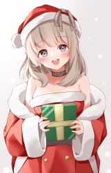 Rule 34 | 1girl, absurdres, box, breasts, buttons, choker, commission, double-breasted, dress, fur-trimmed dress, fur-trimmed headwear, fur-trimmed jacket, fur trim, gift, gift box, grey eyes, grey hair, hat, highres, holding, holding gift, jacket, kamimori kuuraku, long hair, medium breasts, off-shoulder dress, off shoulder, open mouth, original, pom pom (clothes), red dress, red hat, red jacket, santa dress, santa hat, skeb commission, sleeveless, sleeveless dress, solo, strapless, strapless dress, teeth, upper teeth only