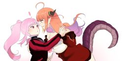 Rule 34 | !, 2girls, ahoge, black jacket, blunt bangs, breasts, camisole, dragon girl, dragon horns, dragon tail, frilled camisole, frills, gradient hair, highres, holding hands, hololive, hololive english, horns, isuka, jacket, kiryu coco, kiryu coco (loungewear), large breasts, mori calliope, mori calliope (streetwear), multicolored hair, multiple girls, nail polish, official alternate costume, open mouth, orange hair, pink eyes, pointy ears, purple eyes, purple hair, red eyes, red jacket, shirt, simple background, streaked hair, tail, virtual youtuber, white background, white shirt, yuri