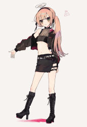 Rule 34 | 1girl, absurdres, belt, black bow, black footwear, black hairband, black ribbon, black skirt, blonde hair, boots, bow, braid, breasts, full body, green eyes, hair ribbon, hairband, high heel boots, high heels, highres, jacket, long hair, long sleeves, looking at viewer, midriff, navel, off shoulder, open clothes, open jacket, original, piru (exp 66), ribbon, side ponytail, skirt, small breasts, smile, solo, standing, underboob