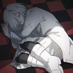 Rule 34 | 1boy, akahito (akaironotanin), akudama drive, black legwear, boots, checkered floor, coat, commentary request, curled up, cutthroat (akudama drive), fetal position, full body, glaring, hair between eyes, highres, long sleeves, looking at viewer, lying, male focus, purple eyes, shadow, shirt, short hair, solo, white coat, white footwear, white hair, white shirt