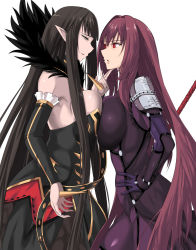 Rule 34 | 2girls, :d, :o, armor, bare shoulders, black detached sleeves, black dress, black hair, blunt bangs, bodysuit, breast press, breasts, bridal gauntlets, cowboy shot, detached sleeves, dress, eye contact, face-to-face, fate/apocrypha, fate/grand order, fate (series), female focus, frills, from side, fur trim, gae bolg (fate), hair between eyes, hair intakes, half-closed eyes, hand on another&#039;s chin, hands on own hips, huge breasts, long dress, long hair, looking at another, multiple girls, open mouth, pauldrons, pointy ears, purple bodysuit, purple hair, red eyes, scathach (fate), semiramis (fate), shoulder armor, shoulder pads, simple background, smile, spikes, standing, strapless, strapless dress, symmetrical docking, takara joney, type-moon, very long hair, white background, yellow eyes, yuri