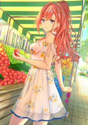Rule 34 | 1girl, arisugawa natsuha, bare shoulders, commentary, dress, dutch angle, unworn eyewear, food, from side, fruit, grey eyes, highres, holding, holding food, holding fruit, holding removed eyewear, idolmaster, idolmaster shiny colors, long hair, looking at viewer, murazo (0606), nail polish, peach, ponytail, red hair, smile, solo, sundress, sunglasses, white dress