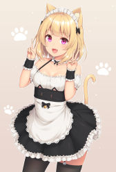 Rule 34 | 1girl, animal ears, apron, bare shoulders, bell, black bow, black skirt, black thighhighs, black wristband, blonde hair, blush, bow, breasts, cat ears, cat girl, cat tail, collarbone, detached sleeves, double v, dress, fang, female focus, frilled skirt, frilled wristband, frills, garter straps, gradient background, grey background, hair bow, hands up, happy, looking at viewer, maid, maid apron, maid headdress, neck, off-shoulder shirt, off shoulder, open mouth, original, paw print, paw print background, pink eyes, puffy short sleeves, puffy sleeves, sasaame, shirt, short hair, short sleeves, skirt, small breasts, smile, solo, standing, tail, thighhighs, v, white shirt, wristband