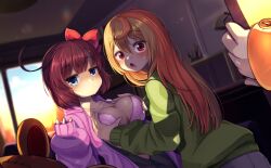 Rule 34 | 2girls, absurdres, blue eyes, blush, grabbing another&#039;s breast, breasts, caught, grabbing, highres, large breasts, long hair, multicolored hair, multiple girls, open mouth, original, red eyes, short hair, surprised, underwear, walk-in, wanashi tam, yuri