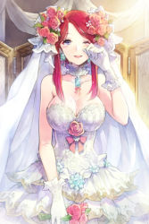 Rule 34 | 1girl, bare shoulders, blue eyes, blush, bow, breasts, choker, cleavage, dress, flower, frills, gathers, gloves, hakou (barasensou), jewelry, large breasts, long hair, lowres, necklace, open mouth, pink flower, pink rose, red hair, rihanna (sword girls), rose, solo, sword girls, tears, veil, wedding dress