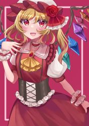 Rule 34 | 1girl, adapted costume, ascot, brooch, choker, collar, dress, fang, flandre scarlet, flower, hat, hat flower, highres, ichigo mogu 15, jewelry, medium hair, mob cap, one side up, puffy short sleeves, puffy sleeves, red background, red dress, red eyes, red hat, rose, short sleeves, skin fang, solo, touhou, underbust, white collar, white hat, wrist cuffs, yellow ascot