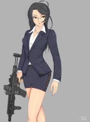 Rule 34 | 10s, 1girl, 2016, artist name, assault rifle, belt, black hair, blue jacket, blue skirt, breasts, brown eyes, cleavage, collared shirt, expressionless, formal, g-e-n, glasses, grey background, gun, h&amp;k hk416, heckler &amp; koch, highres, jacket, jewelry, lace, lace-trimmed skirt, lace trim, lips, long hair, looking to the side, medium breasts, miniskirt, necklace, office lady, open collar, original, rifle, shirt, side slit, simple background, skirt, solo, suit, taut clothes, taut shirt, thighs, weapon, white shirt
