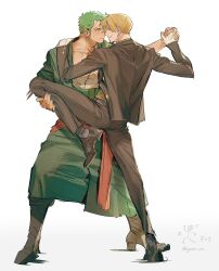 Rule 34 | 2boys, black footwear, blonde hair, boots, collarbone, dancing, earrings, eye contact, facial hair, formal, green hair, green kimono, highres, implied yaoi, japanese clothes, jewelry, kimono, long sleeves, looking at another, male focus, multiple boys, muscular, muscular male, one piece, roronoa zoro, sanji (one piece), scar, shirt, short hair, smile, suit, sweatdrop, twitter username, white background, yaoi, ynnn m