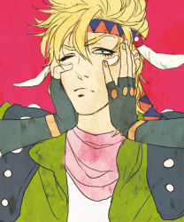 Rule 34 | 1boy, blonde hair, blue eyes, caesar anthonio zeppeli, facial mark, feather hair ornament, feathers, fingerless gloves, gloves, green jacket, feather hair ornament, hands on own face, headband, jacket, jojo no kimyou na bouken, loll-ruhig, male focus, solo, wince