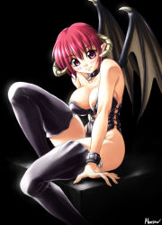 Rule 34 | 1girl, bat wings, boots, bracelet, breasts, choker, cleavage, collar, corset, demon girl, horns, jewelry, kagehara hanzou, large breasts, latex, leg up, legs, long legs, original, red eyes, red hair, short hair, sideboob, solo, thigh boots, thighhighs, thighs, wings