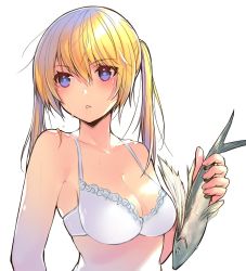 Rule 34 | 1girl, blonde hair, blue eyes, blush, bra, breasts, chestnut mouth, cleavage, fish, highres, looking away, medium breasts, official art, onishima homare, parted lips, sagara riri, simple background, skindentation, solo, sounan desuka?, twintails, underwear, upper body, white background, white bra