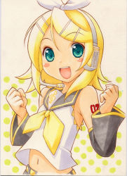 Rule 34 | 1girl, :d, aqua eyes, belt, blonde hair, blush stickers, bow, clenched hands, detached sleeves, hair bow, hair ornament, hairclip, headset, kagamine rin, marker (medium), midriff, nail polish, navel, open mouth, polka dot, polka dot background, shirohebidou, short hair, smile, solo, tattoo, traditional media, treble clef, upper body, vocaloid, yellow nails