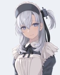 Rule 34 | 1girl, alternate costume, apron, black dress, black ribbon, blue eyes, breasts, dated, dress, enmaided, frills, grey background, hair between eyes, hair ornament, kantai collection, lips, long hair, looking at viewer, maid, maid apron, maid headdress, medium breasts, neck ribbon, one side up, revision, ribbon, rokuwata tomoe, sidelocks, silver hair, simple background, smile, solo, suzutsuki (kancolle), twitter username, upper body