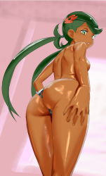 Rule 34 | 1girl, ass, backboob, bad id, bad pixiv id, breasts, creatures (company), dark-skinned female, dark skin, flower, from behind, from below, game freak, green eyes, green hair, hair flower, hair ornament, long hair, looking at viewer, looking back, low twintails, mallow (pokemon), nintendo, ontaros, panties, parted lips, pokemon, pokemon sm, shiny skin, small breasts, solo, standing, striped clothes, striped panties, swept bangs, topless, trial captain, twintails, underwear