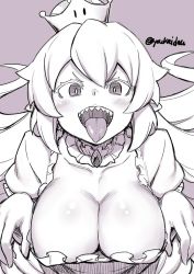 Rule 34 | 1girl, blush, breasts, brooch, cleavage, detached collar, female focus, frills, jewelry, jingai modoki, large breasts, long hair, looking at viewer, luigi&#039;s mansion, mario (series), monochrome, new super mario bros. u deluxe, nintendo, open mouth, pointy ears, princess king boo, puffy short sleeves, puffy sleeves, purple background, purple theme, sharp teeth, short sleeves, simple background, solo, super crown, teeth, tongue, tongue out, very long hair