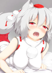 Rule 34 | 1girl, animal ears, blush, breasts, female focus, hat, highres, impossible clothes, impossible shirt, inubashiri momiji, large breasts, looking at viewer, lying, on stomach, open mouth, pom pom (clothes), red eyes, saliva, saliva trail, shirt, short hair, silver hair, skirt, solo, tail, tatsumiya kagari, tokin hat, touhou, wolf ears, wolf tail