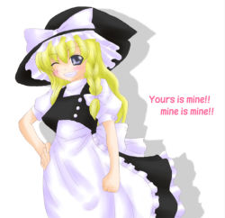 Rule 34 | 1girl, ;), apron, black eyes, blonde hair, braid, english text, female focus, grin, hand on own hip, hat, kirisame marisa, long hair, one eye closed, short sleeves, simon (artist), simple background, smile, solo, touhou, white background, witch hat