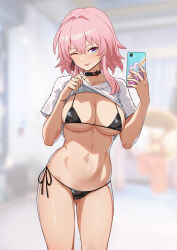 Rule 34 | 1girl, ;p, absurdres, bikini, black bikini, black choker, blue eyes, blurry, blurry background, bonz (bonz0616), breasts, cellphone, choker, clothes lift, commentary request, cowboy shot, hands up, highres, holding, holding phone, honkai: star rail, honkai (series), large breasts, lifted by self, looking at viewer, march 7th (honkai: star rail), medium hair, navel, one eye closed, phone, pink hair, selfie, shirt, shirt lift, short hair, side-tie bikini bottom, smartphone, solo, standing, stomach, swimsuit, thighs, tongue, tongue out, white shirt