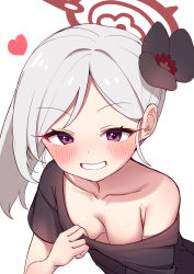 Rule 34 | 1girl, absurdres, bad id, bad pixiv id, black flower, black shirt, blue archive, blush, breasts, collarbone, commentary, downblouse, flower, grey hair, grin, hair flower, hair ornament, halo, heart, highres, long hair, looking at viewer, mutsuki (blue archive), no bra, off shoulder, parted bangs, purple eyes, salukino, shirt, short sleeves, sidelocks, simple background, small breasts, smile, solo, upper body, white background