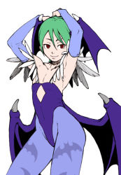Rule 34 | 1girl, alternate color, armpits, capcom, demon girl, demon wings, female focus, flat chest, flat color, green hair, lilith aensland, red eyes, short hair, simple background, smile, solo, vampire (game), white background, wings