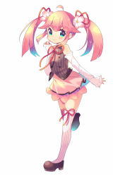 Rule 34 | 1girl, :3, ahoge, aqua eyes, black footwear, blush, buttons, detached sleeves, double-breasted, finger to cheek, flower, hair flower, hair ornament, hair ribbon, highres, ikari (aor3507), looking at viewer, neck ribbon, original, pink flower, pink hair, pink skirt, red eyes, red ribbon, ribbon, shirt, shoes, sidelocks, skirt, solo, sparkle, standing, standing on one leg, striped clothes, striped shirt, striped thighhighs, thick eyebrows, thighhighs, twintails, vertical-striped clothes, vertical-striped shirt, vertical-striped thighhighs, virtual youtuber, white sleeves