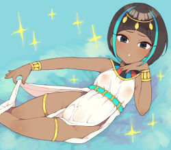 Rule 34 | 1girl, aquamarine (gemstone), black eyes, black hair, blue background, blue hair, bracelet, breasts, circlet, covered erect nipples, dark-skinned female, dark skin, dress, egyptian, egyptian clothes, feet out of frame, head rest, jewelry, light blue hair, looking at viewer, lying, moyori, multicolored hair, on side, original, parted lips, see-through, short hair, side slit, sleeveless, sleeveless dress, small breasts, solo, sparkle, thighlet, two-tone hair, usekh collar, white dress