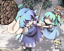 Rule 34 | 4girls, bee, beehive, blonde hair, blue hair, bread, bug, cirno, daiyousei, drill hair, food, from above, gatau, green hair, wasp, bug, luna child, multiple girls, perfect memento in strict sense, side ponytail, sunny milk, embodiment of scarlet devil, touhou, tree, wings