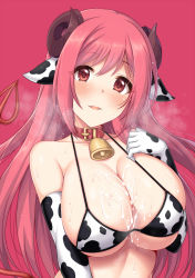 Rule 34 | 1girl, after paizuri, animal ears, animal print, bare shoulders, bell, bikini, blush, breasts, cleavage, collar, collarbone, cow ears, cow print, cowbell, cum, cum on body, cum on breasts, cum on upper body, curled horns, demon horns, demon tail, elbow gloves, gloves, horns, horosuke, io (princess connect!), large breasts, long hair, looking at viewer, navel, neck bell, parted lips, pink background, pink eyes, pink hair, princess connect!, simple background, smile, solo, swimsuit, tail