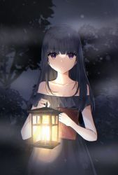 Rule 34 | 1girl, absurdres, black dress, black hair, blue eyes, blunt bangs, breasts, cleavage, closed mouth, collarbone, dress, highres, holding, holding lantern, lantern, long hair, looking at viewer, night, off-shoulder dress, off shoulder, original, outdoors, poho, sleeveless, sleeveless dress, small breasts, snowing, solo, standing, straight hair