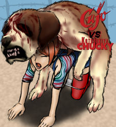 Rule 34 | 1boy, 1girl, artist request, bent over, bestiality, cujo (dog), cujo (stephen king), freckles, monster, panties, panty pull, peril, red hair, sex, tagme, thighs, underwear
