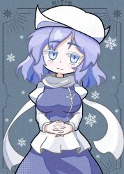 Rule 34 | 1girl, absurdres, breasts, closed mouth, commentary, grey background, hat, highres, letty whiterock, looking at viewer, own hands together, purple hair, short hair, snowflakes, solo, suikatou, touhou, white hat