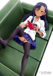 Rule 34 | 1girl, black thighhighs, blush, book, bottomless, cleft of venus, couch, doujinshi book, feet, female focus, hair ornament, hairclip, highres, holding, holding book, ijiranaide nagatoro-san, long hair, looking at viewer, lying, nagatoro hayase, nail, no panties, nude filter, on back, pussy, school uniform, shirt, skirt, smile, solo, spread legs, tan, thighhighs, thighs, third-party edit, white shirt