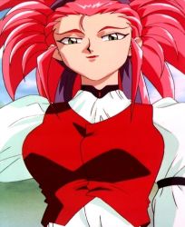 Rule 34 | 1990s (style), 1girl, aged up, breasts, green eyes, hair slicked back, hakubi washuu, large breasts, red hair, retro artstyle, screencap, solo, spiked hair, tenchi muyou!