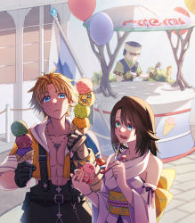 Rule 34 | 1girl, 2boys, akzk kh, asymmetrical hair, back bow, balloon, blonde hair, blue eyes, bob cut, bow, bracelet, breasts, brick road, brown hair, chain necklace, couple, cropped hoodie, detached sleeves, final fantasy, final fantasy x, food, food stand, gloves, green eyes, hair between eyes, heterochromia, highres, holding, holding spoon, hood, hoodie, ice cream, ice cream cone, japanese clothes, jewelry, medium breasts, multiple boys, necklace, open clothes, open mouth, open shirt, parted bangs, pectorals, ring, shirt, short hair, spoon, suspenders, tidus, upper body, white shirt, wide sleeves, yuna (ff10)