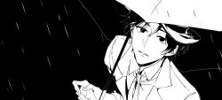Rule 34 | 0000-111-0100-0, 1boy, black background, chinese commentary, commentary request, dark, hat, highres, holding, holding umbrella, jacket, klein moretti, looking up, lord of the mysteries, male focus, monochrome, nail, necktie, outdoors, parted lips, rain, sherlock moriarty, shirt, short hair, simple background, solo, umbrella