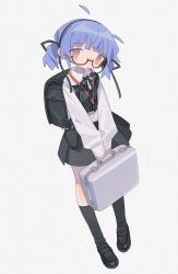 Rule 34 | 1girl, absurdres, ahoge, black-framed eyewear, black bag, black footwear, black ribbon, black socks, black vest, blue hair, blunt bangs, briefcase, brown eyes, collared shirt, daizu (melon-lemon), earrings, film grain, floating hair, from side, full body, glasses, hair ribbon, head tilt, highres, id card, jewelry, kneehighs, lanyard, loafers, long sleeves, looking to the side, microphone, multicolored eyes, neck ribbon, no nose, original, parted lips, puffy sleeves, ribbon, semi-rimless eyewear, shirt, shoes, short hair, short twintails, socks, solo, standing, twintails, under-rim eyewear, v arms, vest, weapon case, white background, white shirt