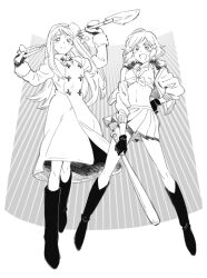 Rule 34 | 2girls, america (hetalia), axis powers hetalia, baseball bat, boots, breasts, buttons, cleavage, coat, cross, double-breasted, eduroku, floating clothes, front-tie top, fur-trimmed jacket, fur-trimmed sleeves, fur trim, genderswap, genderswap (mtf), greyscale, hair ornament, hairband, hairclip, hand on own hip, hands up, hat, holding, holding baseball bat, holding behind back, holding shovel, jacket, jewelry, knee boots, legs apart, long sleeves, looking at viewer, medium breasts, midriff, miniskirt, mittens, monochrome, multiple girls, necklace, open clothes, open jacket, open mouth, pleated skirt, ring, ring necklace, russia (hetalia), short hair, shovel, skirt, standing, star (symbol), star hair ornament, swept bangs, winter clothes