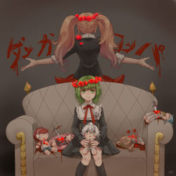 Rule 34 | 3girls, 4boys, age difference, arms out to sides, beige couch, black dress, black footwear, black shirt, blonde hair, blood, blood on clothes, blood on couch, blood on wall, blood writing, bow, bowtie, chibi, collared dress, collared shirt, couch, daimon masaru (danganronpa), danganronpa: trigger happy havoc, danganronpa (series), danganronpa another episode: ultra despair girls, dress, enoshima junko, facing away, flower, gold trim, green eyes, green hair, grey background, head wreath, highres, holding chibi, impaled, japanese text, kemuri jataro, knees, knife, komaeda nagito, long hair, long sleeves, looking at viewer, mask, matching hair/eyes, multiple boys, multiple girls, neck ribbon, open mouth, outstretched arms, pink hair, pleated dress, pleated skirt, question mark, red bow, red flower, red ribbon, red skirt, ribbon, servant (danganronpa), shingetsu nagisa, shirt, sitting, skirt, smile, standing, sword, towa monaca, twintails, utsugi kotoko, weapon, writing in blood